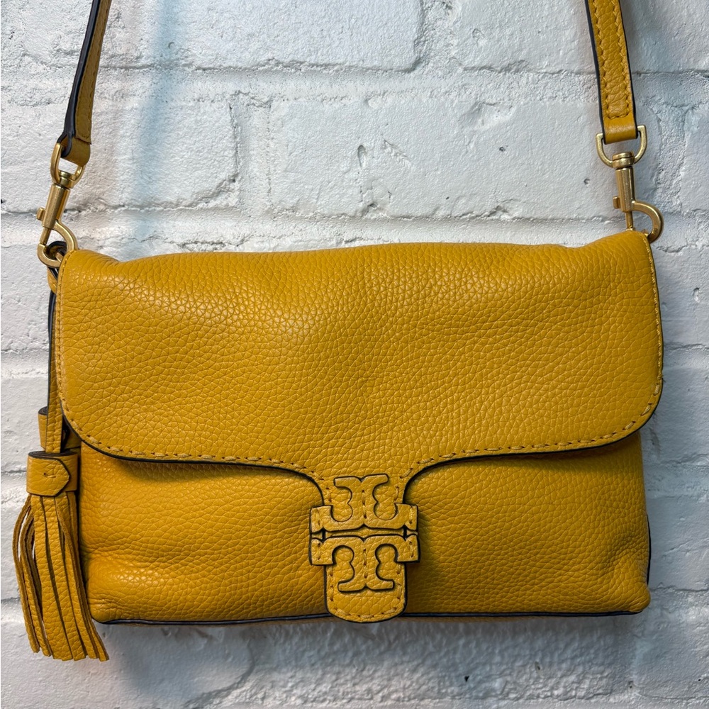 Tory Burch Pebbled Leather McGraw Yellow Adjustable Shoulder Bag